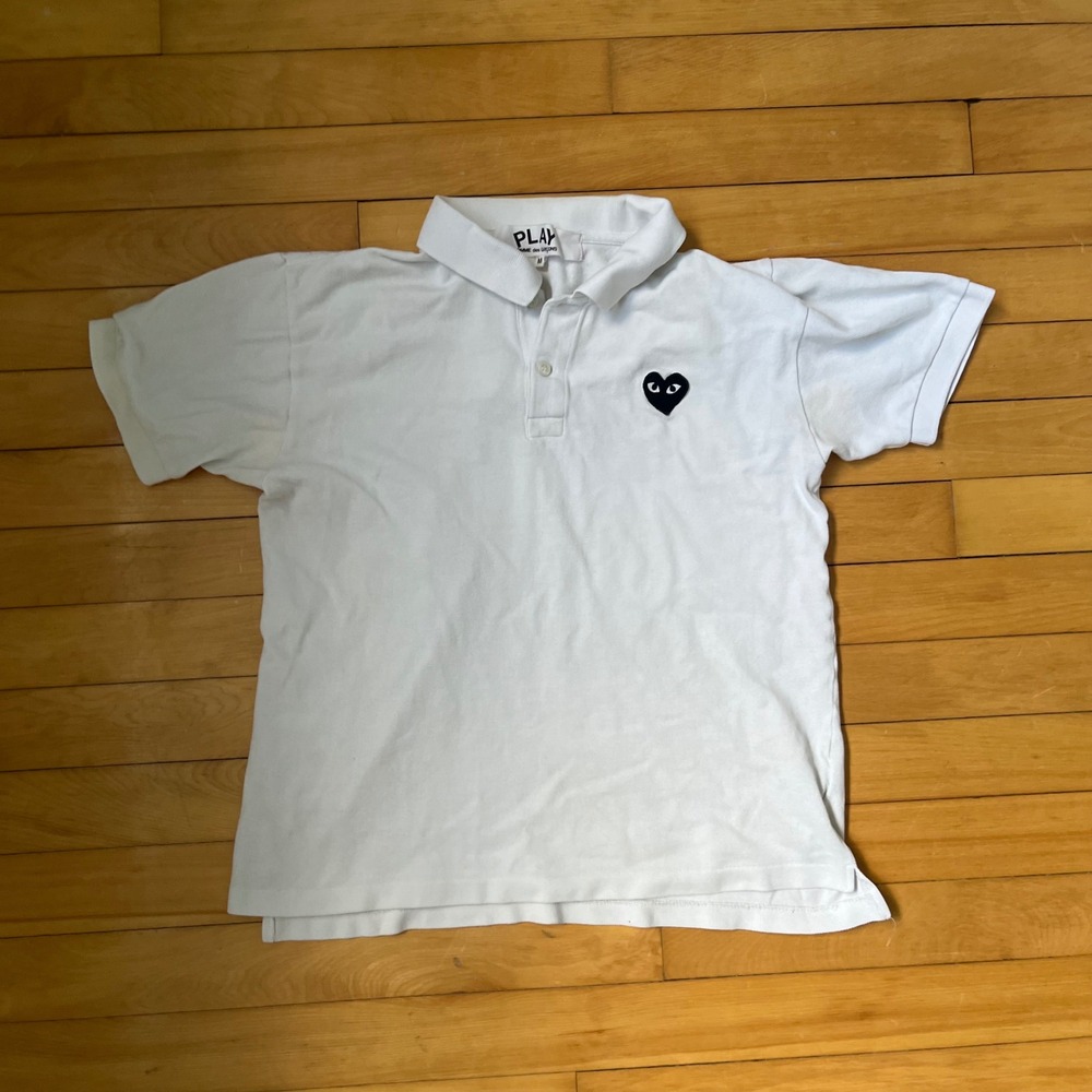 Comme des Garcons PLAY White Polo Shirt Black Heart Logo Mens Size M Made Japan